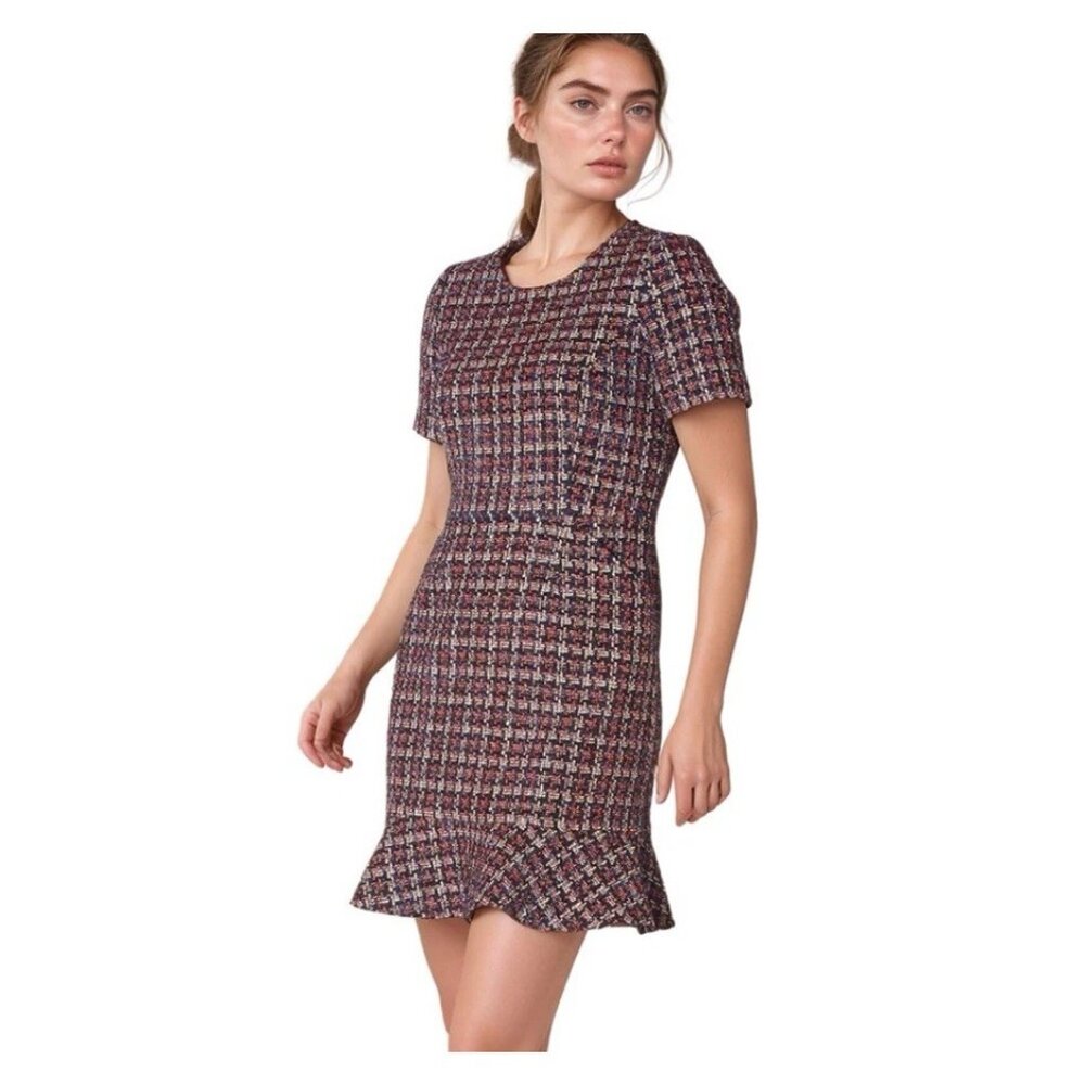 Pleione Red Blue Ruffle Tweed Short Sleeve Dress Size Sz L Price Preppy Academia